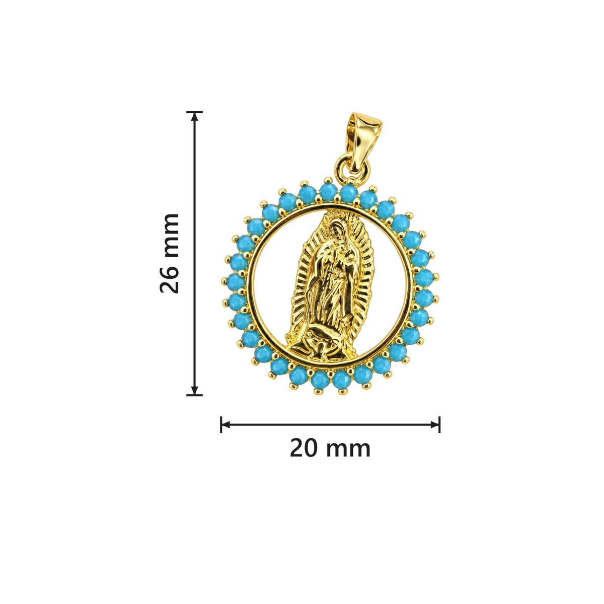 Dije virgen Guadalupe circón azul - Medidas