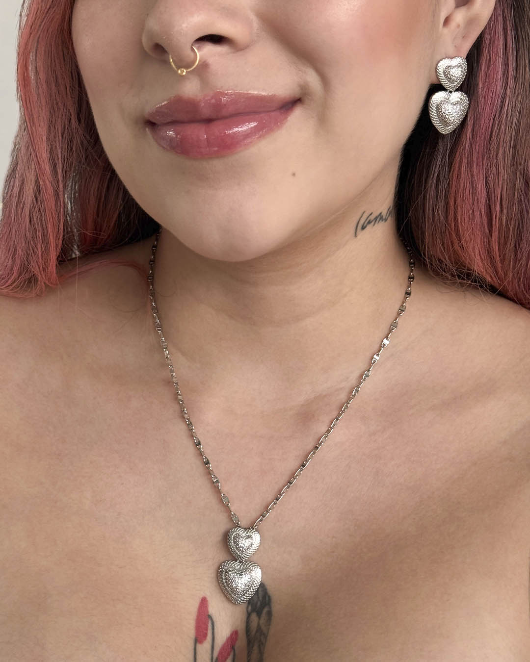 VALGATA set doble corazón plateado